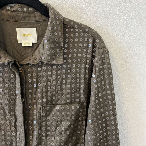 Maeve Anthropologie Blouse Size Med Sequined Olive Green Buttoned Shirt Chic - Picture 3 of 14